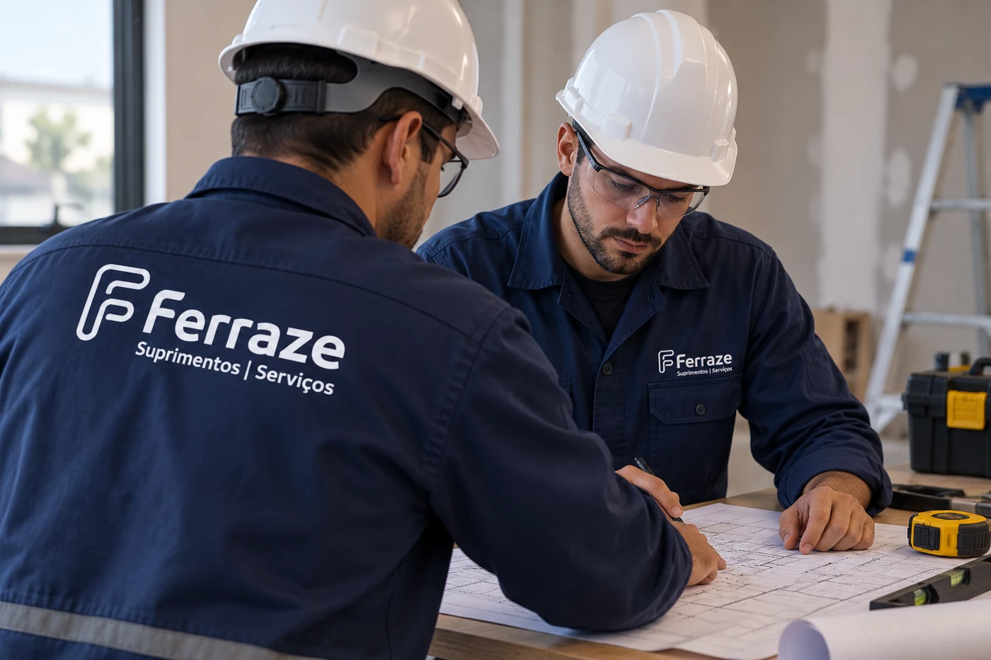 Profissionais com uniformes Ferraze, capacetes e óculos revisando o planejamento de uma reforma